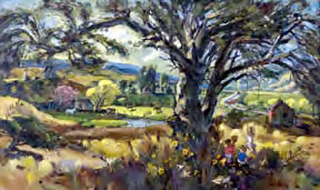 Phil Dike Sunlit Valley, 1944 Oil on linen Private Collection, Courtesy Claremont Fine Arts