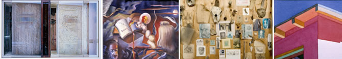 Images (left to right): Roman Woman, 2003, oil on wood, glass, mirror; The Dream, 1943, oil on canvas. Photo of James Hueter’s studio Color Corner 18.2.88, 1988, watercolor on paper